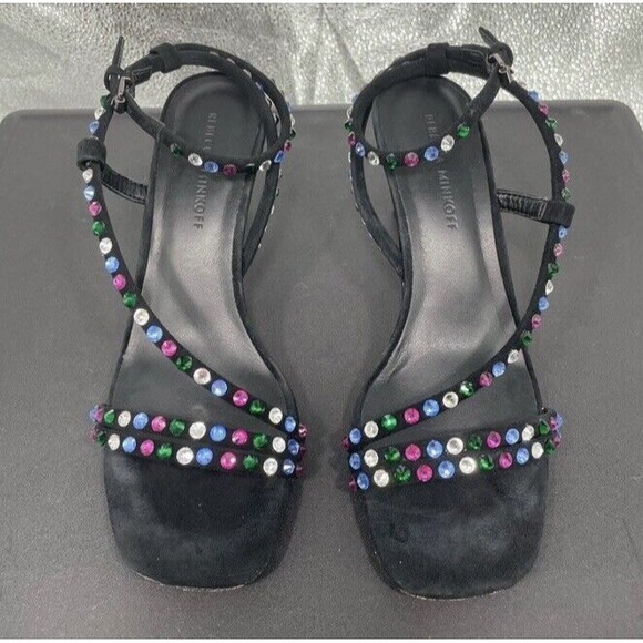 Rebecca Minkoff Black Suede Nanine Rhinestone Strappy Ankle Heel Sandals 7.5 EUC - Picture 3 of 14